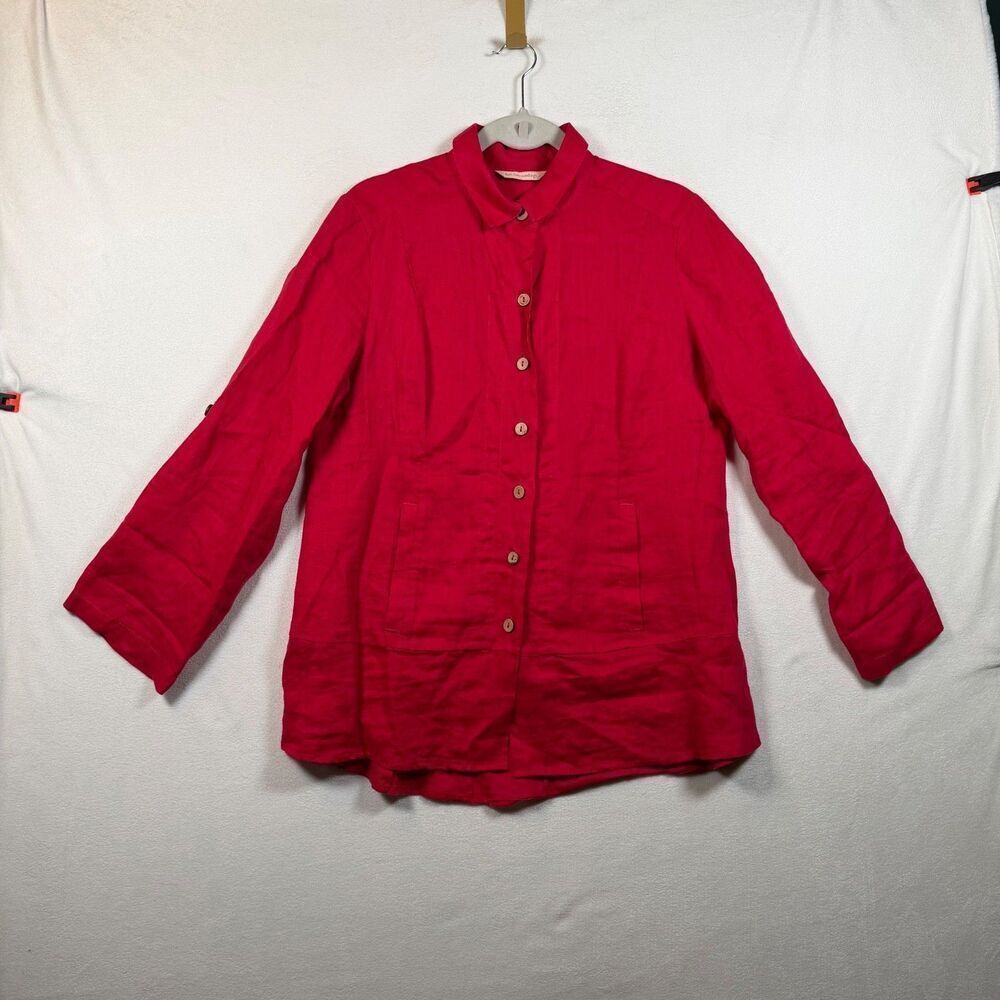 Soft Surroundings 100% Linen Top PM Red Button Front Roll Tab Sleeve Petite Med